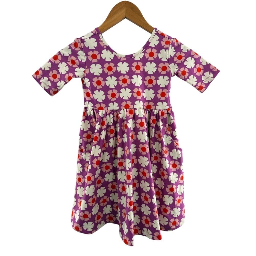 Hanna Andersson Floral Skater Dress Elbow Sleeves Pockets Pink Purple Size 5